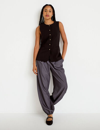 Pantalon city taille basse effet boule gris fonc&eacute; femme