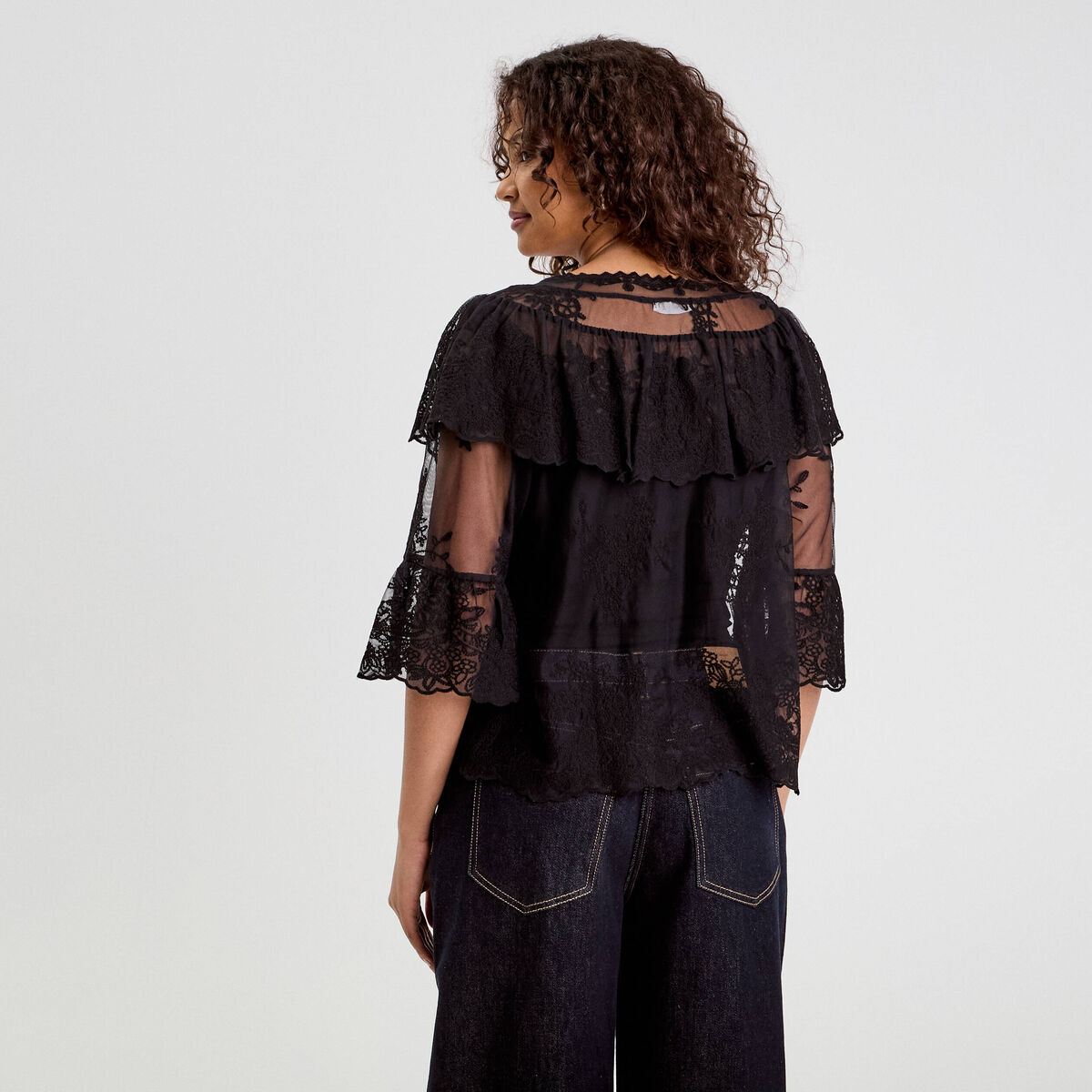 Blouse manches 3/4 dentelle noir femme