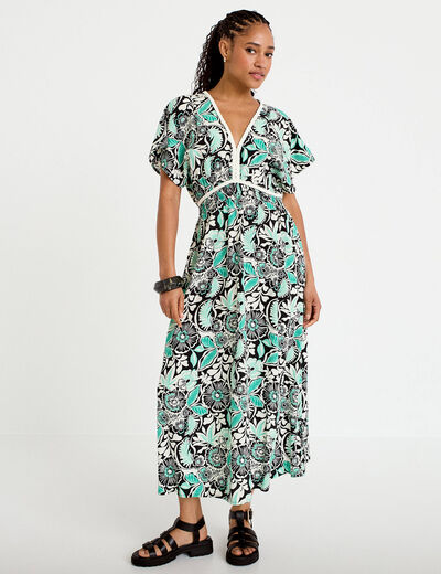 Robe &eacute;vas&eacute;e 3/4 col v manches courtes noir femme