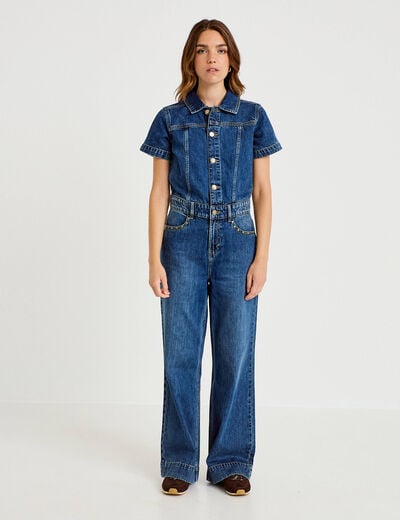Combinaison jean flare col am&eacute;ricain denim stone femme