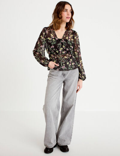 Blouse cintr&eacute;e col v manches longues noir femme