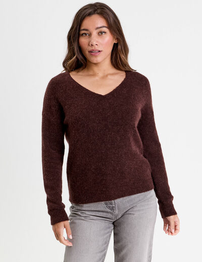Pull avec col en V marron foncé femme