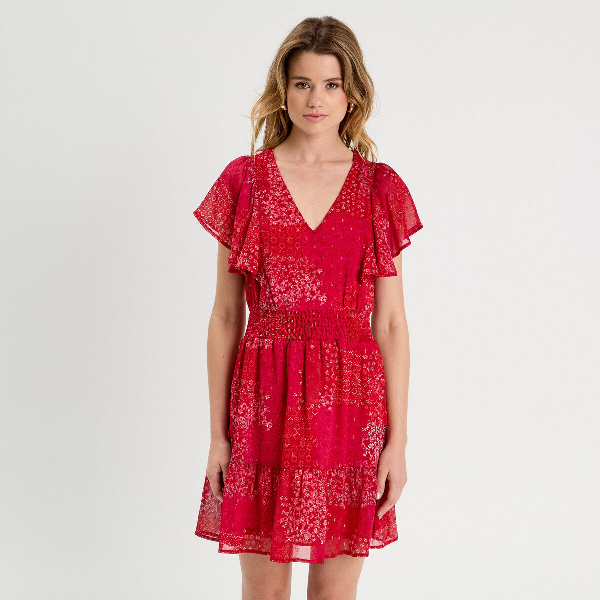 Robe évasée taille smockée rouge femme