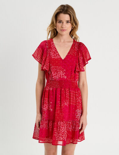 Robe évasée taille smockée rouge femme