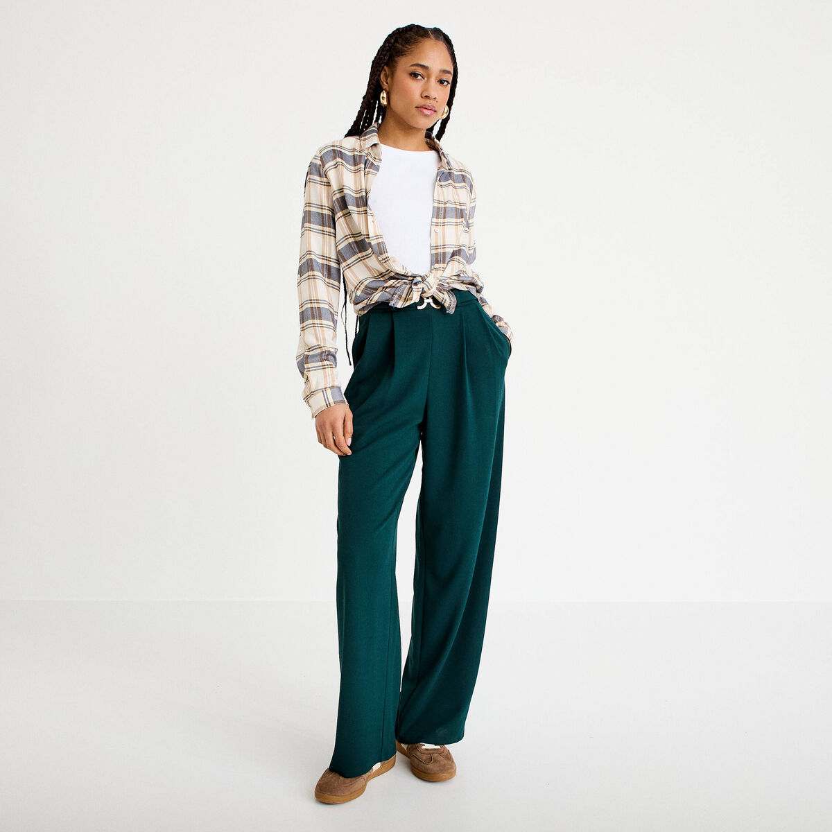 Pantalon large ceinture bijou vert fonc&eacute; femme