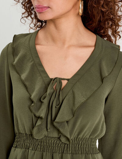 Robe évasée avec volants vert kaki femme