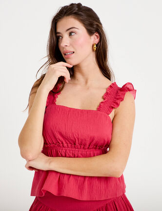 Top pliss&eacute; col carr&eacute; fines bretelles rose framboise femme