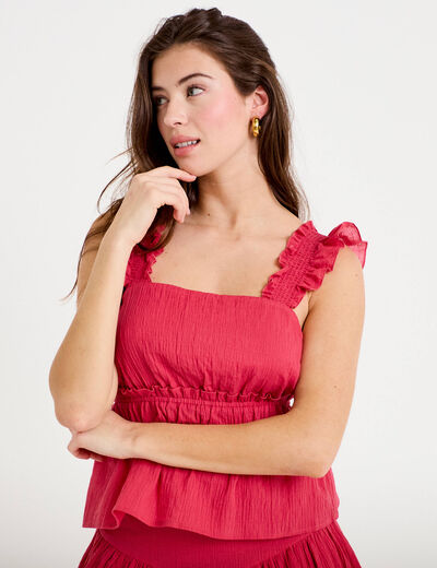 Top pliss&eacute; col carr&eacute; fines bretelles rose framboise femme