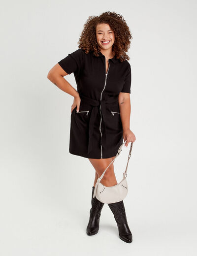 Robe droite zippée ceinturée noir femme