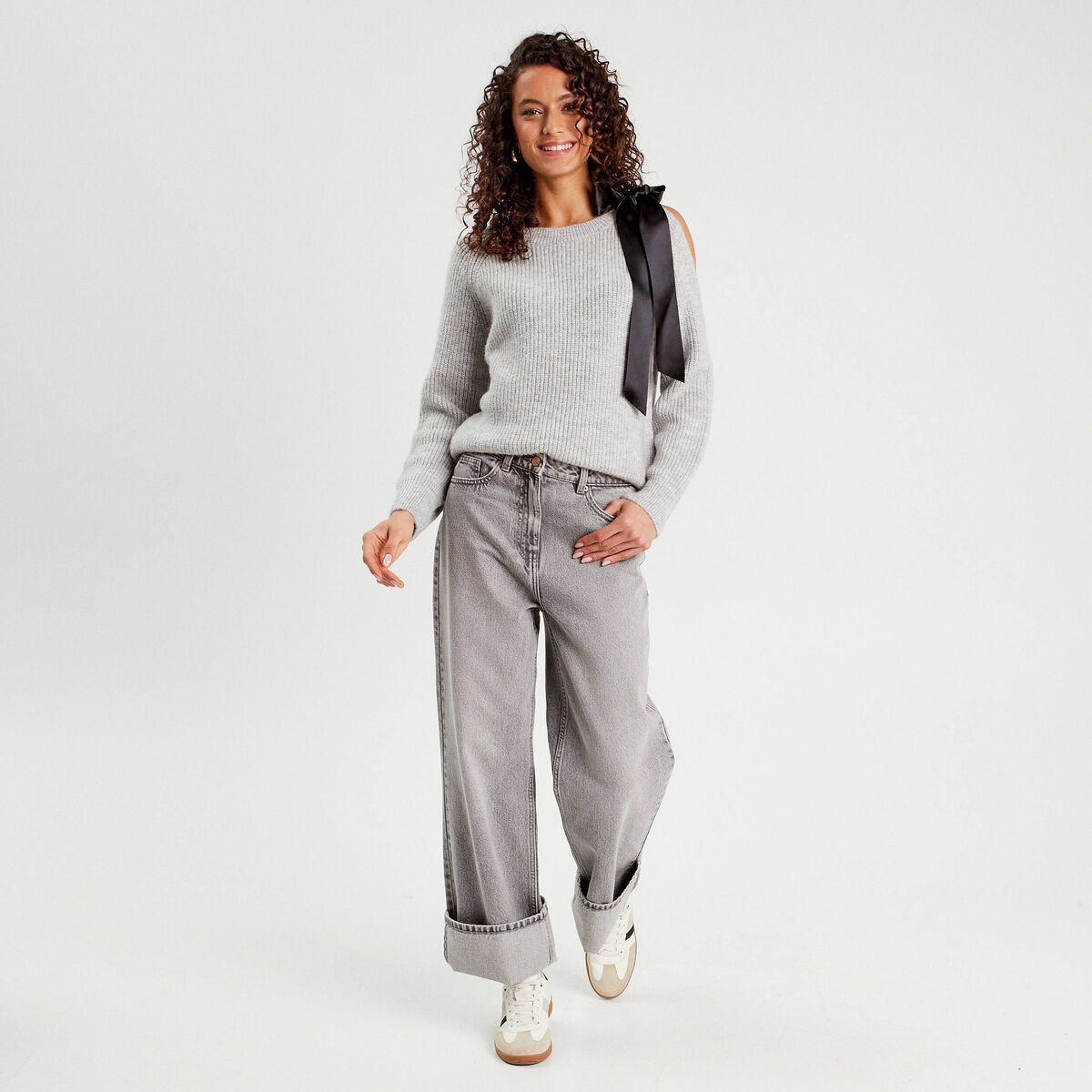 Pull avec noeud gris clair femme