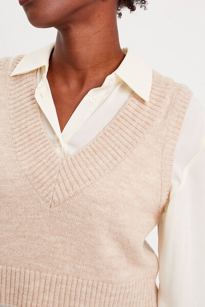 Pull sans manches col en V sable femme