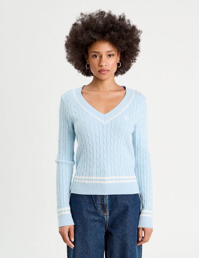 Pull manches longues torsades bleu pastel femme