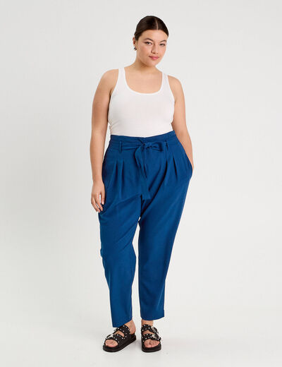 Pantalon paperbag fluide bleu marine femme