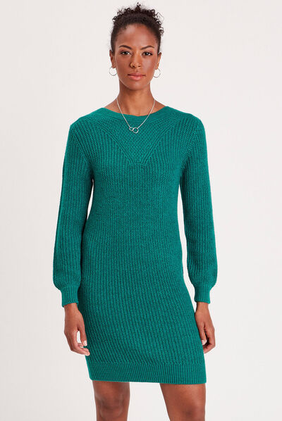 Robe pull droite col rond vert canard femme