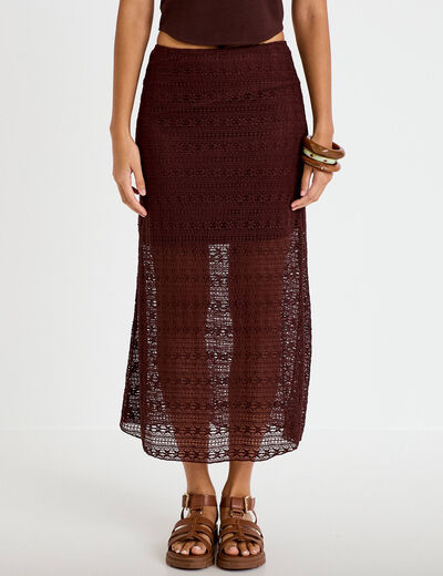 Jupe longue droite en dentelle marron femme