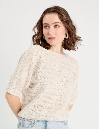 Pull ajouré manches 3/4 ecru femme