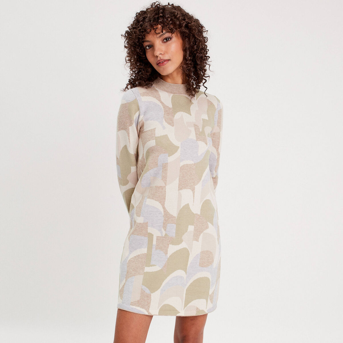 Robe pull droite col montant beige femme