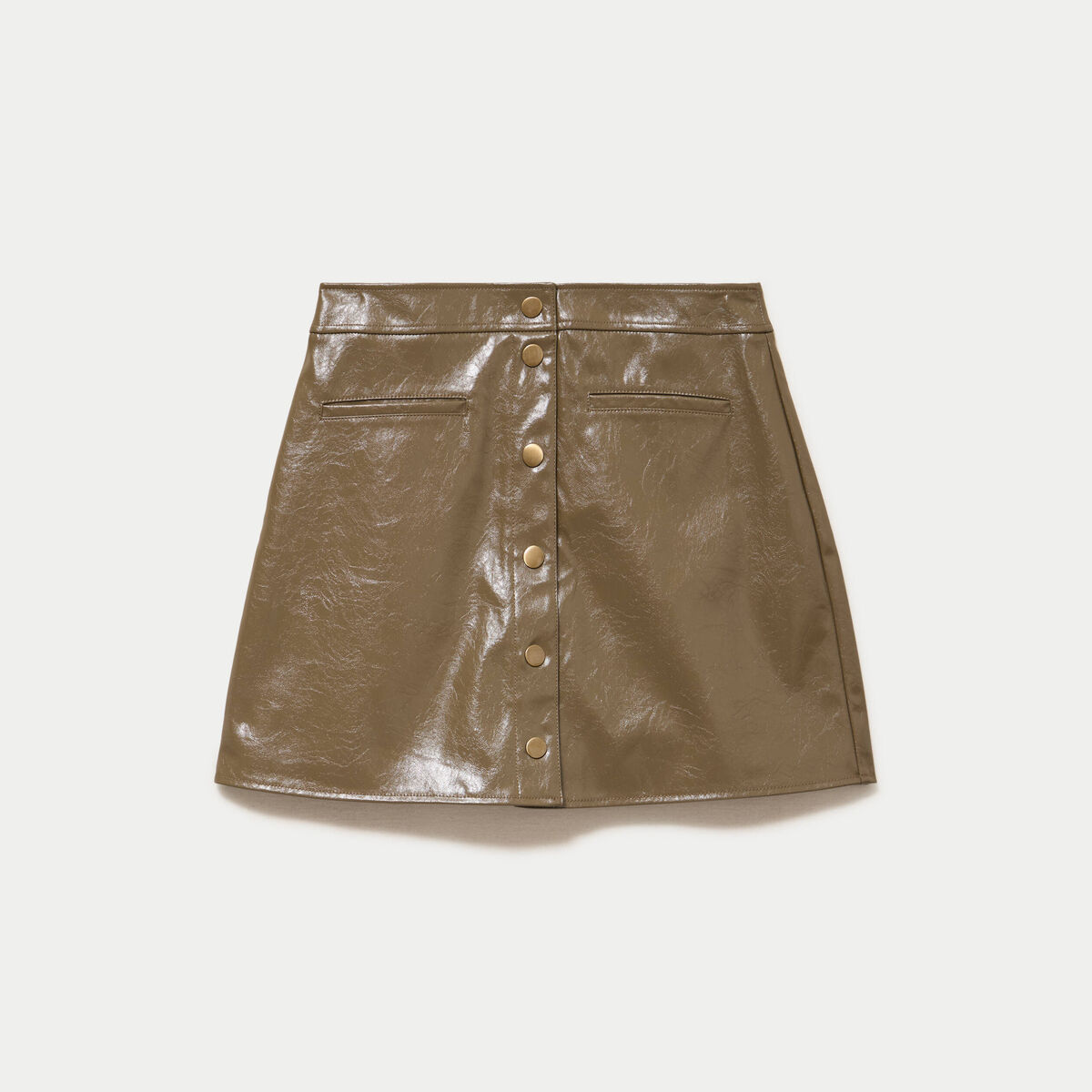 Jupe trap&egrave;ze courte en similicuir vert kaki femme