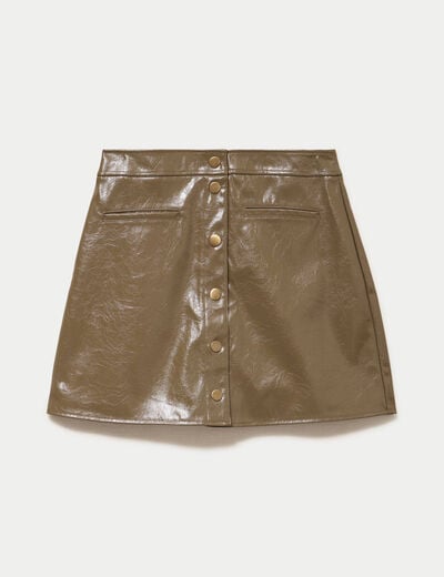 Jupe trap&egrave;ze courte en similicuir vert kaki femme