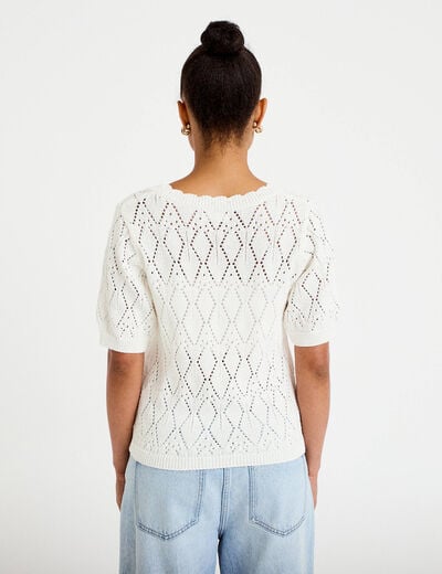 Gilet col v manches courtes brod&eacute; ecru femme