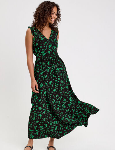 Robe longue évasée col v sans manches vert fluo femme