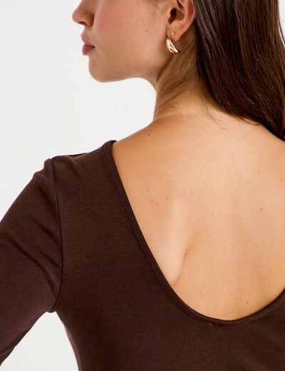 Body cintr&eacute; manches longues bateau marron fonc&eacute; femme