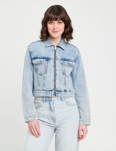 Veste zippée en jean denim stone femme