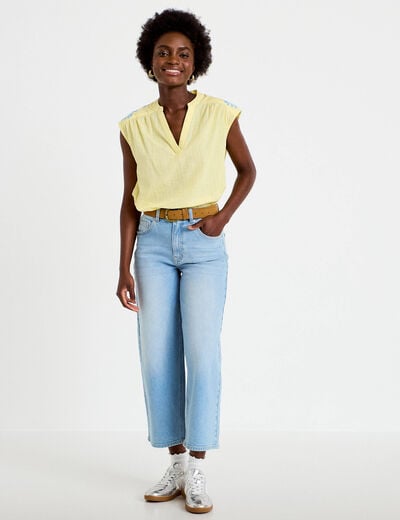 Blouse droite sans manches col v jaune pastel femme