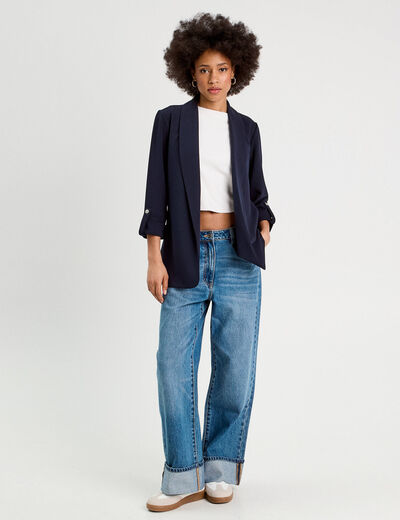 Veste blazer manches 3/4 bleu marine femme