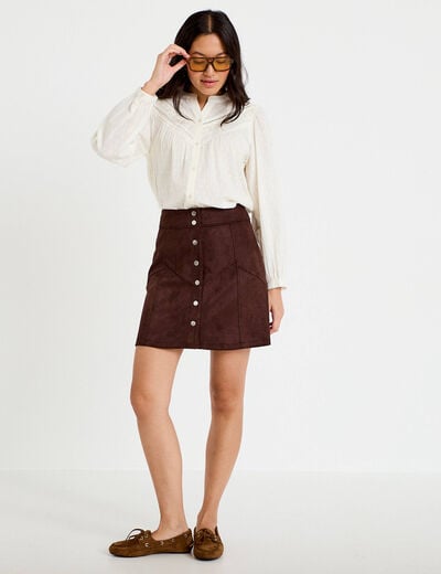 Jupe trap&egrave;ze courte aspect daim marron fonc&eacute; femme