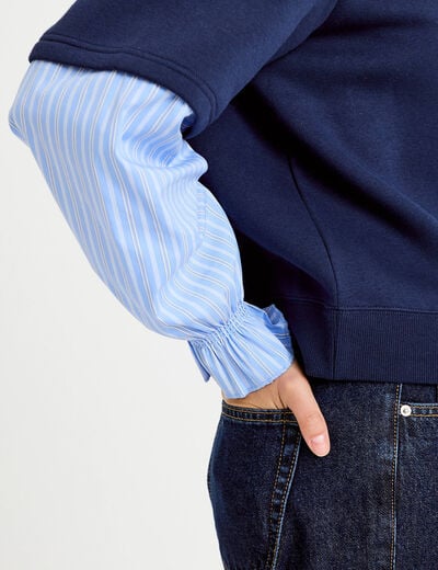 Sweat bi-mati&egrave;re manches longues bleu marine femme