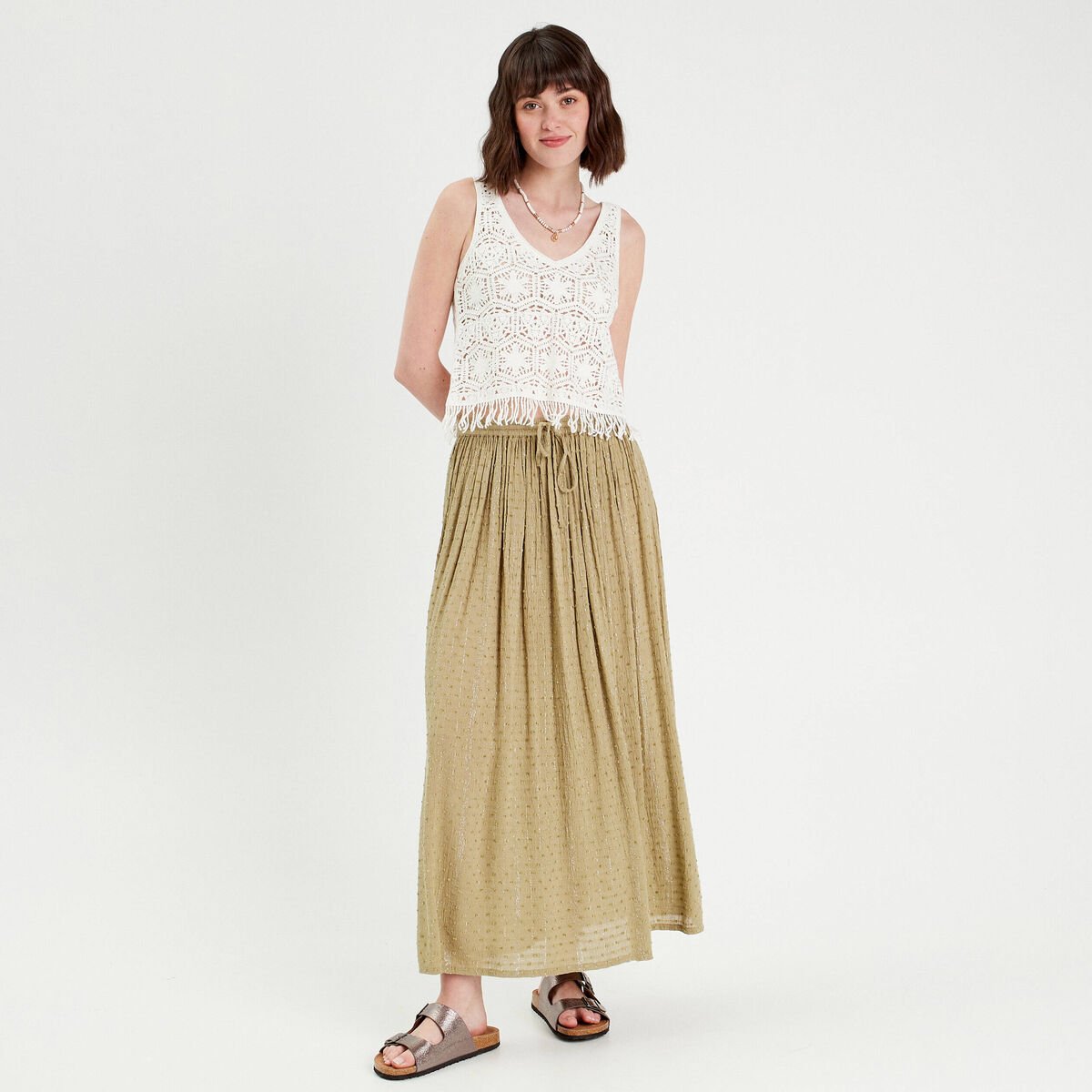 Débardeur macramé franges ecru femme