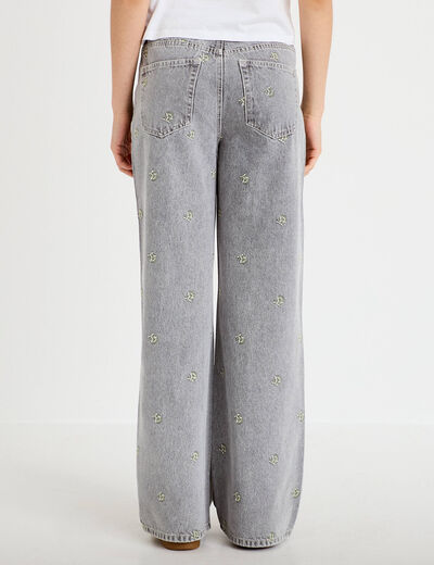Jean wide leg broderie taille haute denim gris femme