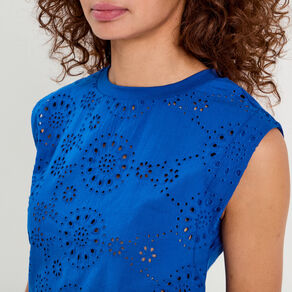 T-shirt sans manches brodé bleu electrique femme