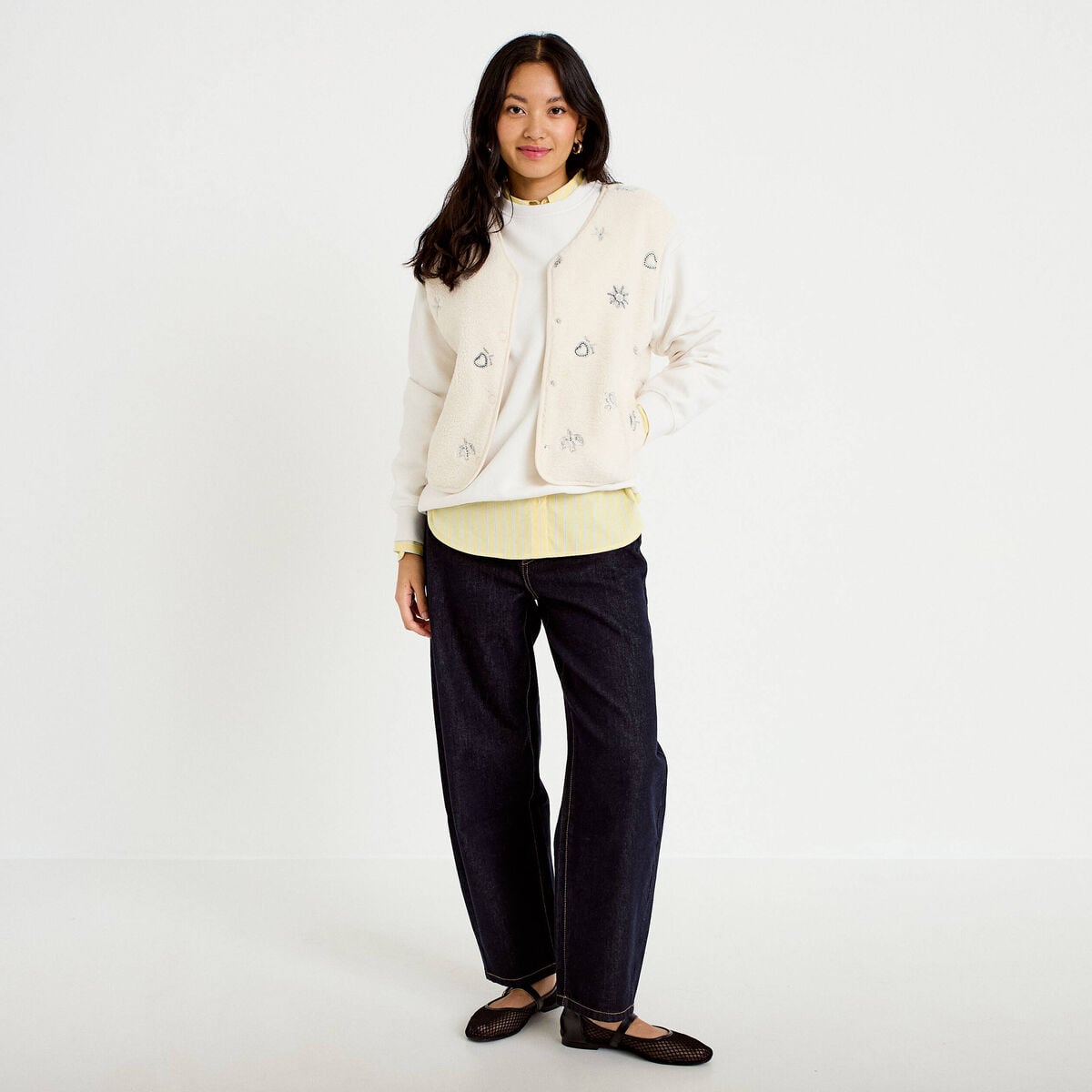 Gilet sans manches effet polaire col v ecru femme