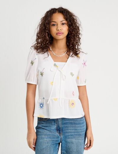 Blouse nouée brodée blanc femme