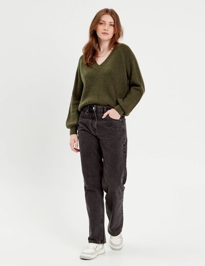 Pull avec col en V vert kaki femme