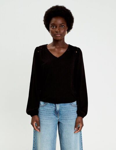 Blouse macram&eacute; bas &eacute;lastiqu&eacute; noir femme