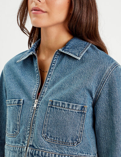 Veste courte zippée en jean denim stone femme