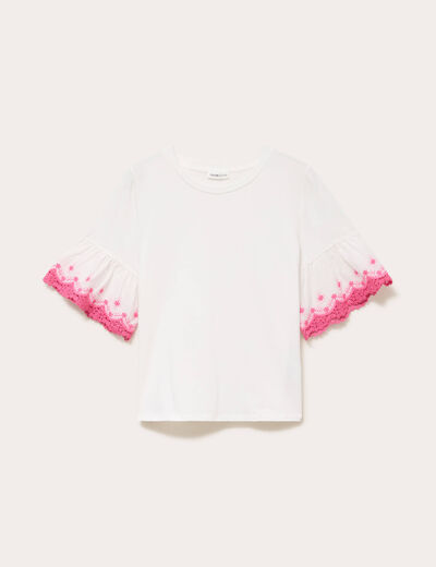 T-shirt brod&eacute; manches courtes ecru femme