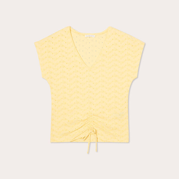 T-shirt broderie anglaise jaune clair femme