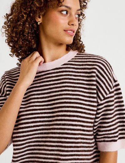 Pull ample duveteux manches courtes rose clair femme