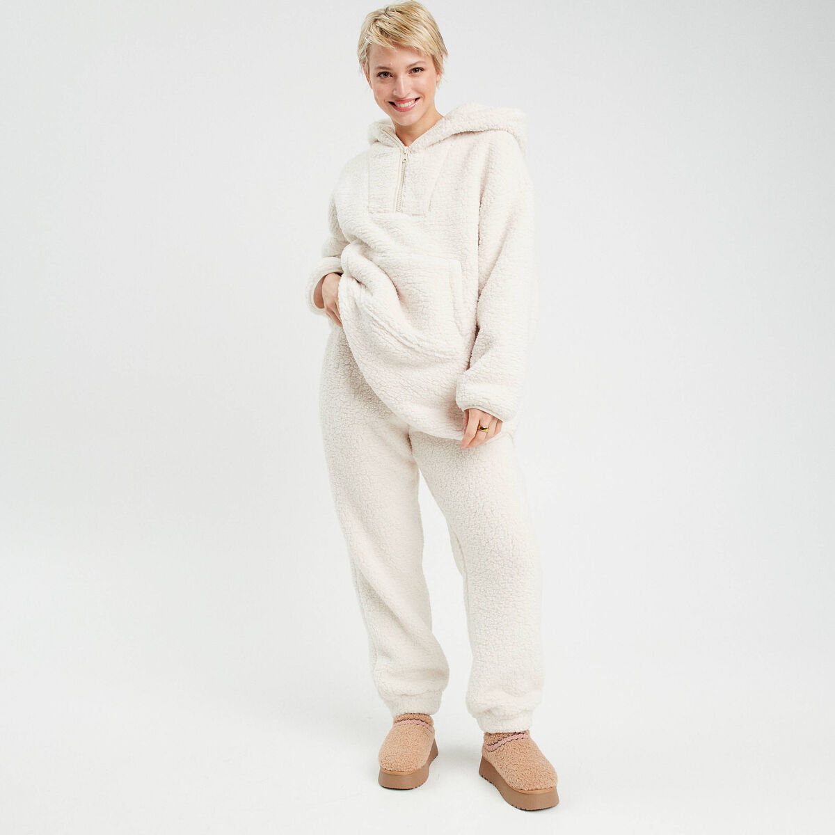 Pantalon effet polaire ecru femme
