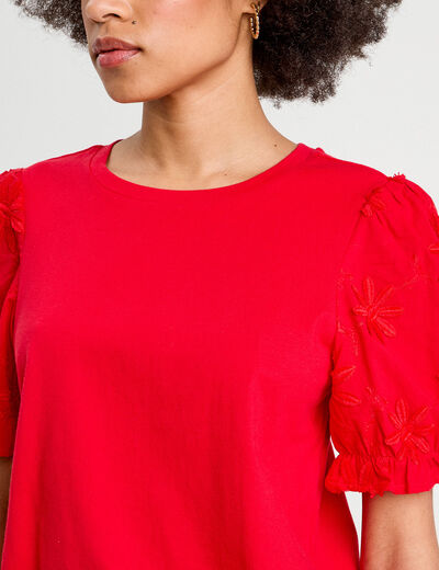 T-shirt manches brodées rouge femme