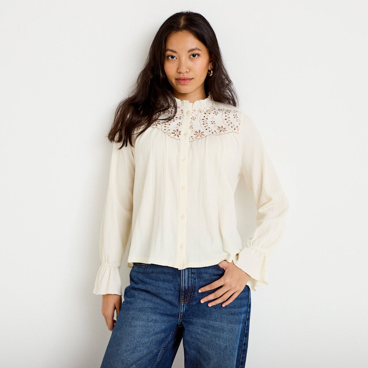 Blouse droite manches longues pliss&eacute;e ivoire femme