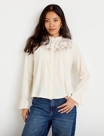 Blouse droite manches longues pliss&eacute;e ivoire femme