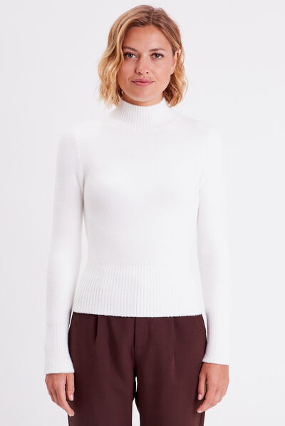 Pull avec col montant ecru femme