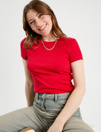 T-shirt manches courtes côtelé rouge femme