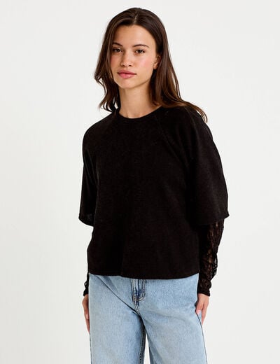 Top bi-mati&egrave;re dentelle col rond noir femme