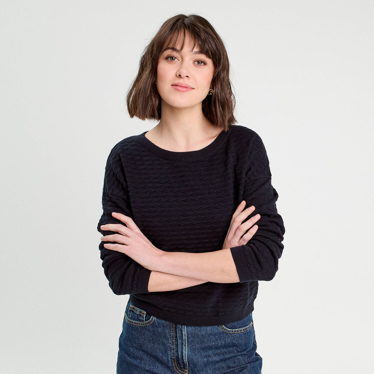 Pull col bateau bleu marine femme